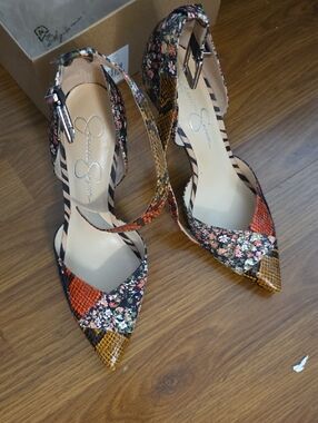 Jessica Simpson Multicolor Floral Patchwork Pointed-Toe Ankle-Strap Heels